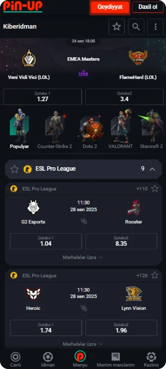 Pin Up app e-Sports